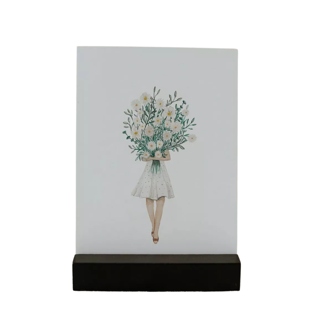 Carte aquarelle - Fille au bouquet de fleurs