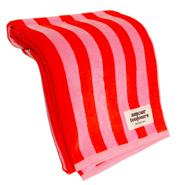 Serviette de bain rayures rose et rouge