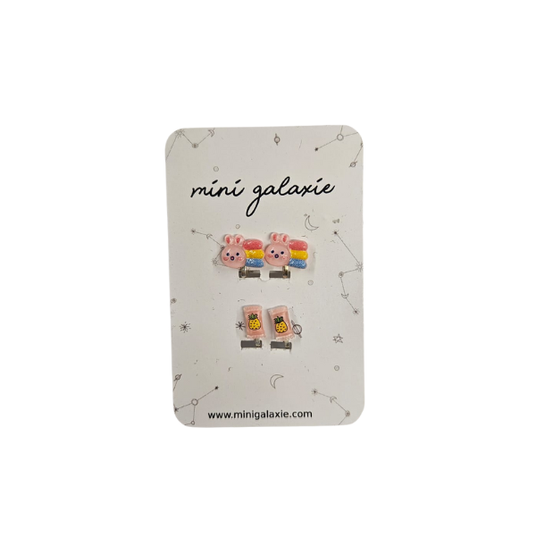 Boucles d'oreilles Clips fantaisie pour enfant - Arc en ciel et ananas