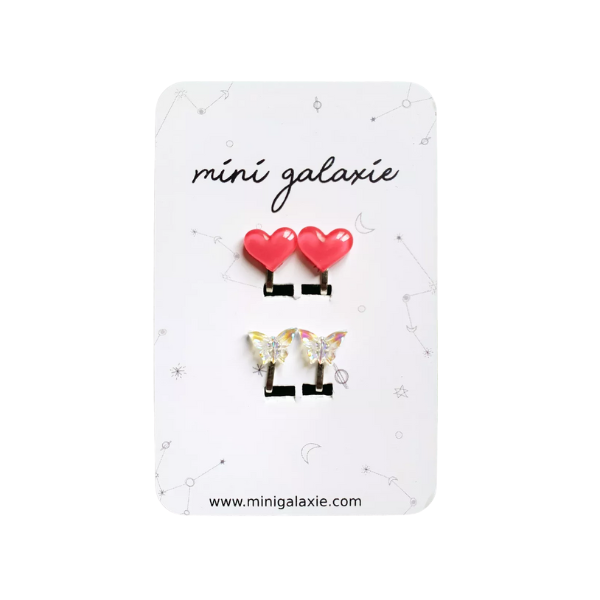 Boucles d'oreilles Clips - cœurs roses et papillons