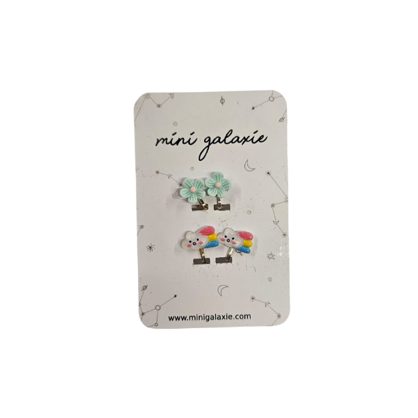 Boucles d'oreilles Clips fantaisie pour enfant - Fleurs et Arc en ciel