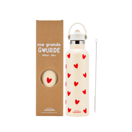 Atelier Wagram - Gourde 600ml crème coeurs rouges