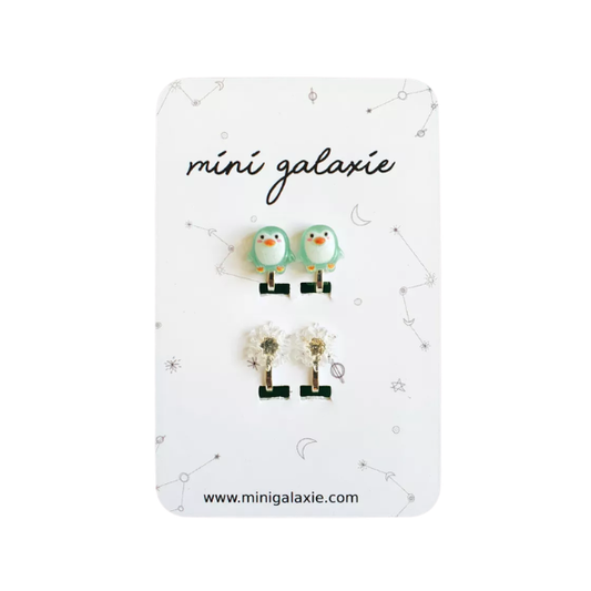 Boucles d'oreilles Clips - Pingouin et fleurs