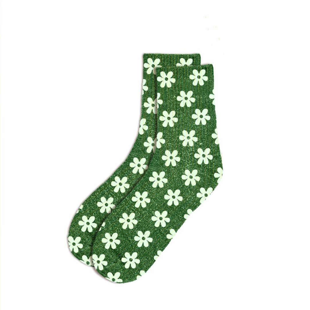 Chaussettes courtes à Paillettes Verte "Fleurs"