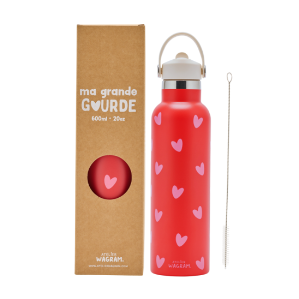 Atelier Wagram - Gourde 600ml rouge cœurs rose