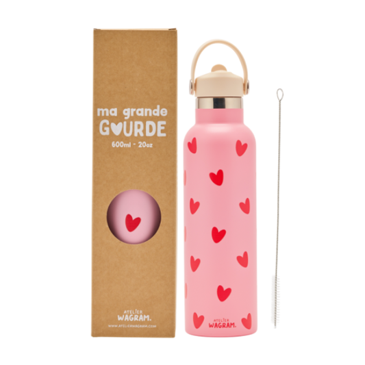 Atelier Wagram - Gourde 600ml rose cœurs rouge
