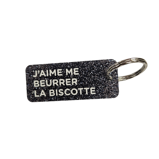 Porte-clés à paillettes - J'aime me beurrer la biscotte