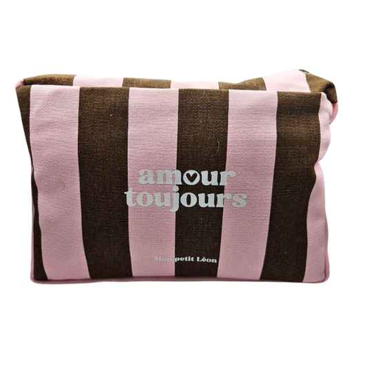 Trousse de toilette coton - Rayures marrons et roses, Amour toujours