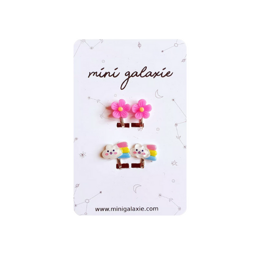 Boucles d'oreilles Clips - fleur et arc en ciel