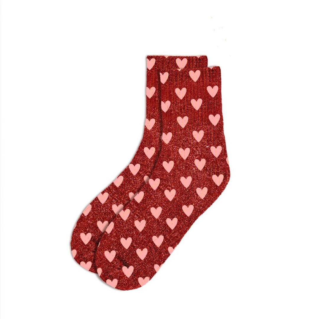 Chaussettes courtes à Paillettes Rouge "Coeur Rose"